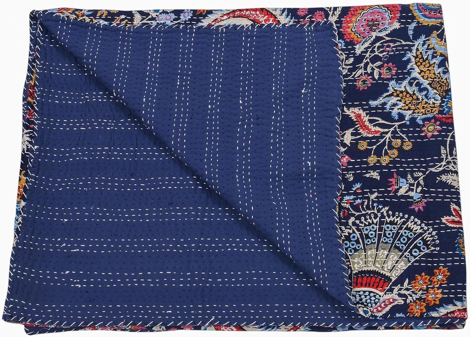 Handmade Kantha Quilt Blanket – Blue Floral Print | Reversible Pure Cotton Indian Vintage Throw