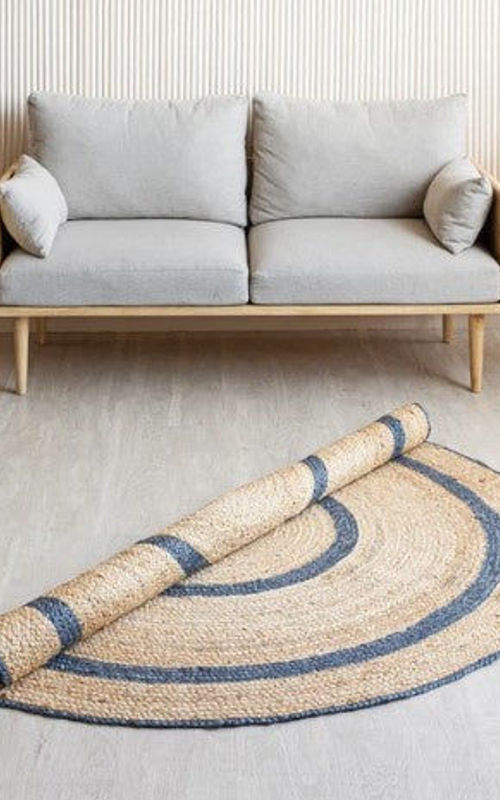Handmade Natural Jute Round Area Rug with Blue Ring Design | Handwoven Coastal Farmhouse carpet Rug
