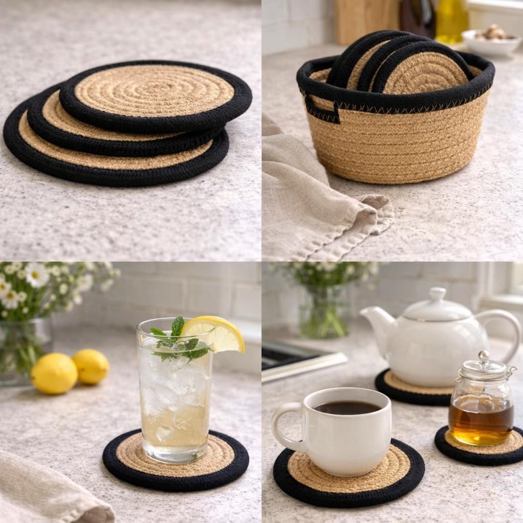 Woven Cotton Round Coaster Set of 4 with Storage Basket, Heat Resistant, 15 cm, Natural with Contrast Border (Beige/White)