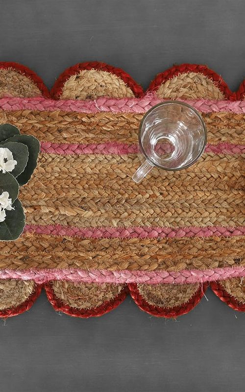 Indian Handmade Scalloped Natural Jute Pink and Red Border Dining Table Runner