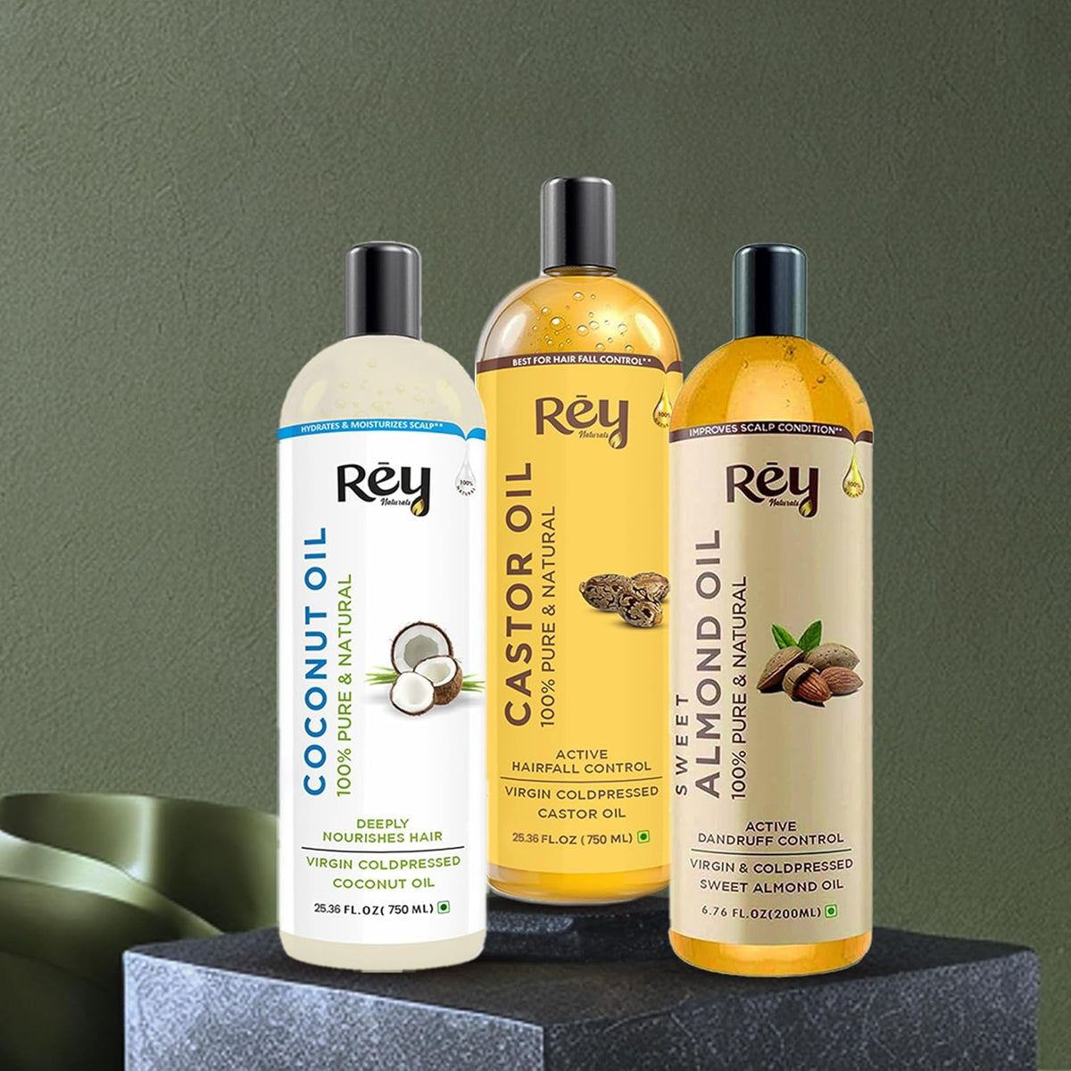 Rey Naturals Cold Pressed Castor Oil + Coconut Oil + Sweet Almond Oil (200ML + 200ML + 200ML)