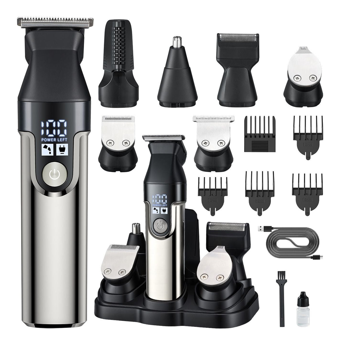 Men’s Hair Clipper Kit, LED Electric Trimmer with Multiple Guide Combs, Silver