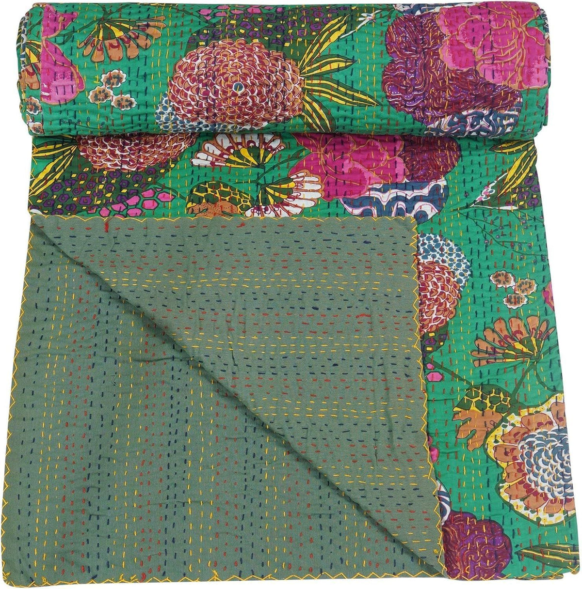 Green Fruit Print Kantha Quilt Handmade Cotton Bedspread | Floral Tropical Indian Blanket
