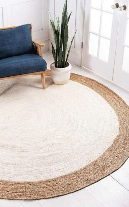 Handmade Natural Jute White Round Area Rug with Natural Border – Eco-Friendly Braided Area Rug Floor Carpet
