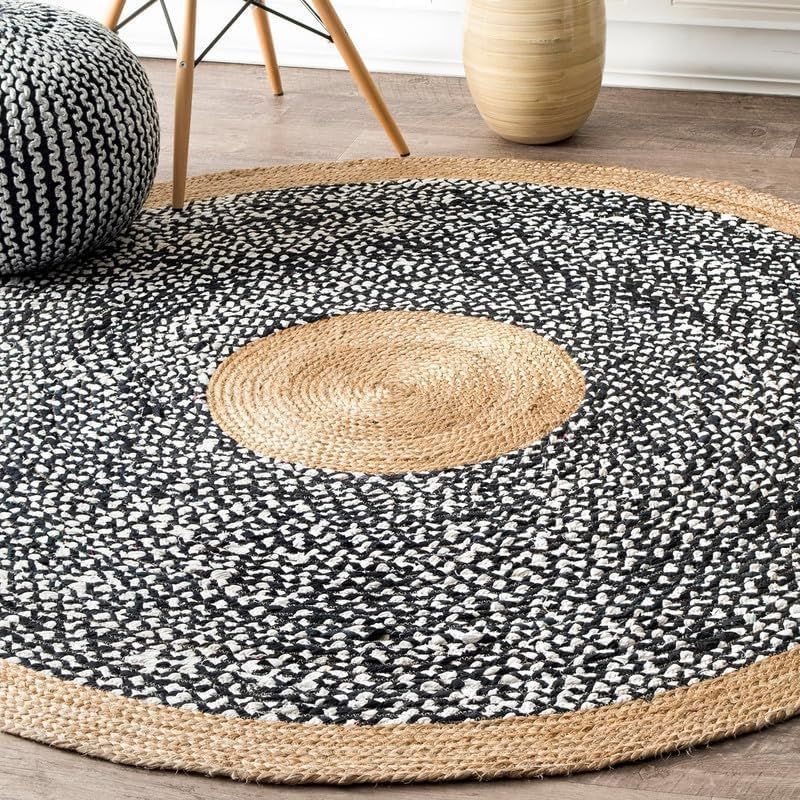 Handmade Black & Natural Round Jute Area Rug – Eco-Friendly Braided Floor Carpet for Living Room & Bedroom