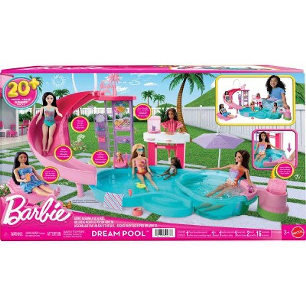 Barbie Dream Pool Playset, 6 Play Areas with Slide, Foaming Hot Tub & 20+ Accessories, Model JFP01