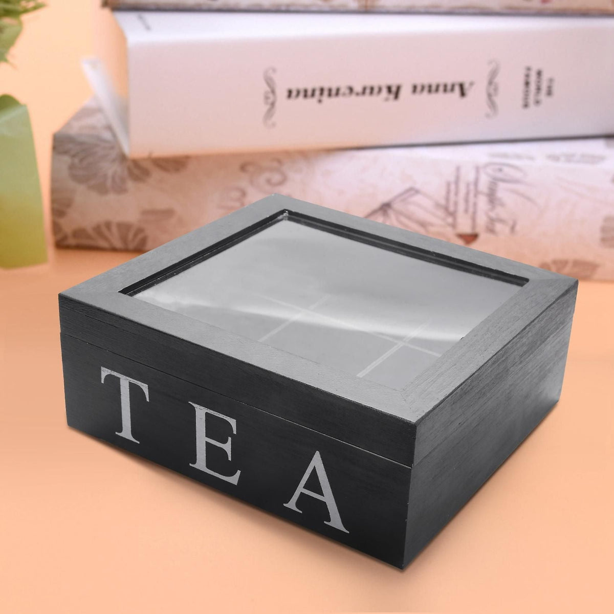 Wooden Tea Box With 9 Grid Storage And Transparent Lid