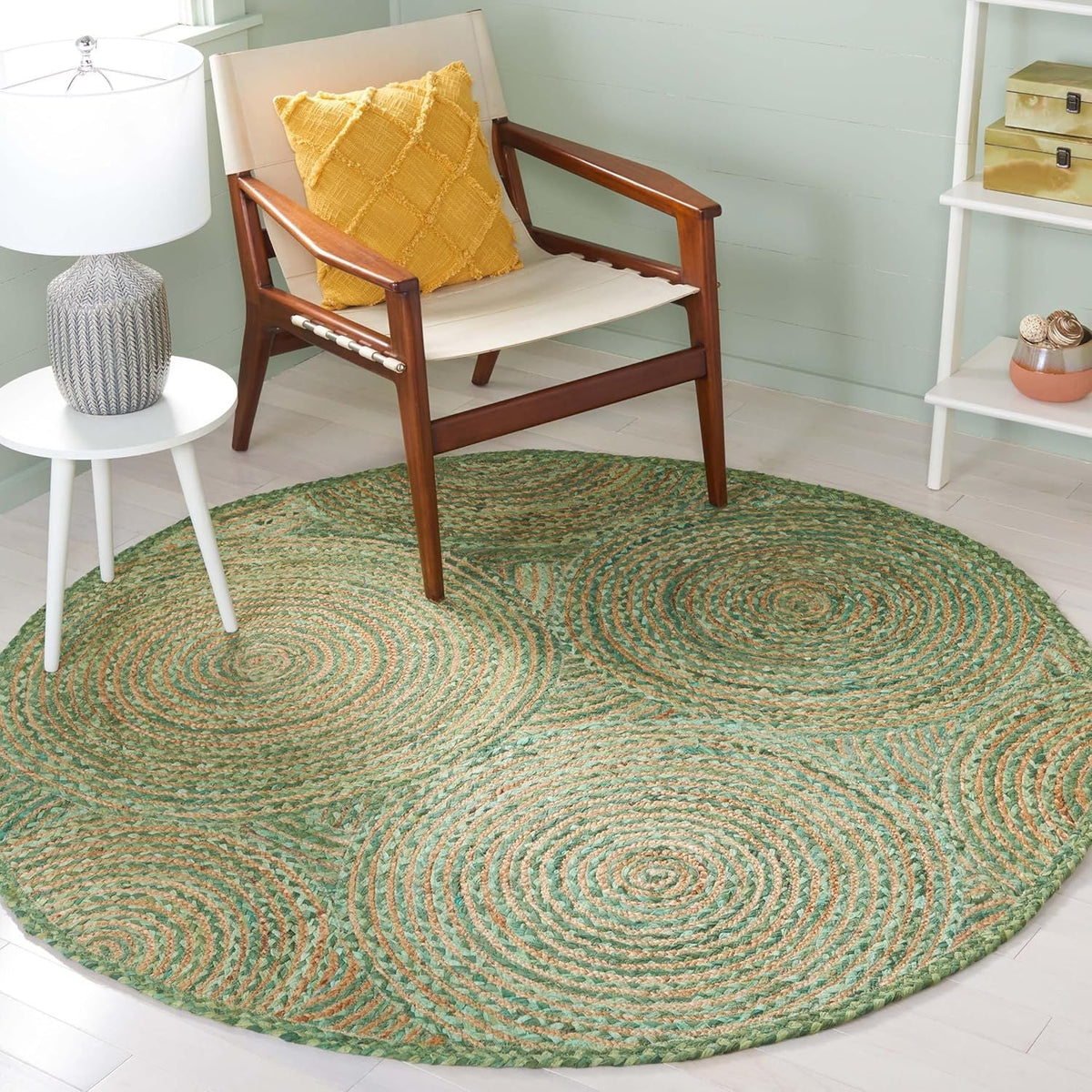 Green Jute Round Rug with Spiral Pattern | Handmade Eco-Friendly Boho Area Rug