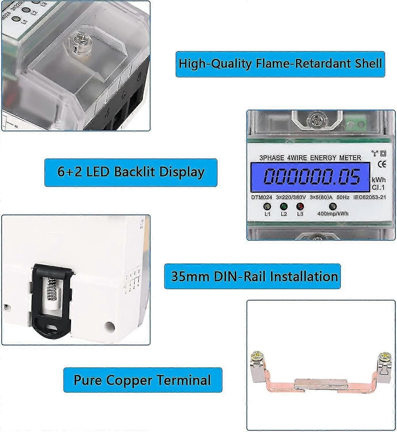 Digital 3-Phase 4-Wire AC Meter 220-400V DIN Rail LCD
