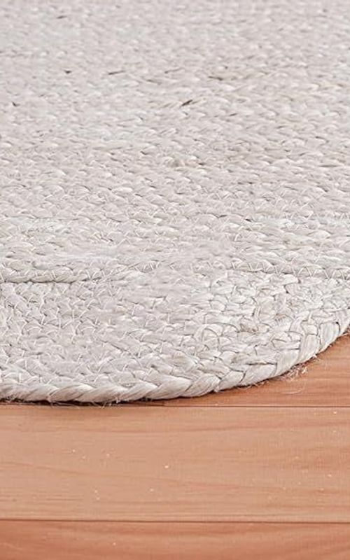 White Rectangular Jute Rug Scalloped Edge Handwoven Carpet | Natural Boho Floor Rug