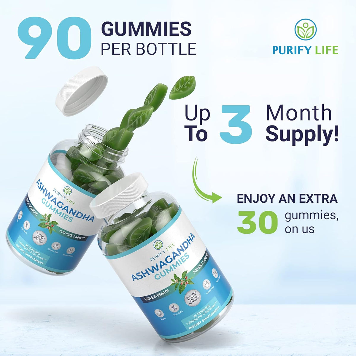 Purify Life Ashwagandha Gummies 90 for Support Calm Mood, Relaxation & Cognitive Support