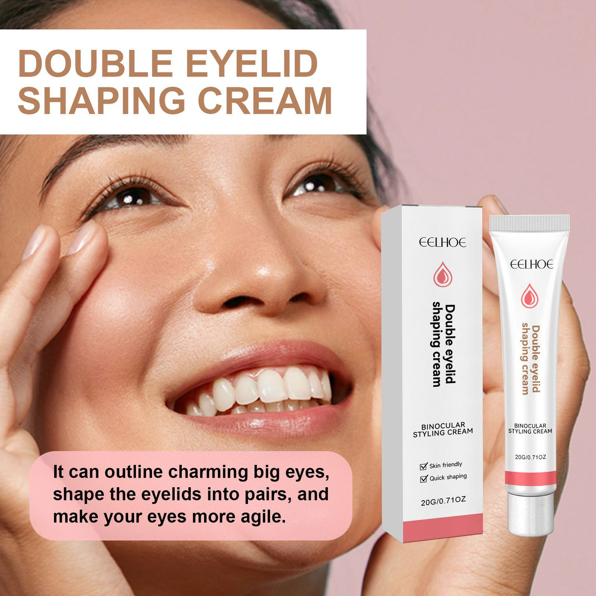 EELHOE Double Eyelid Shaping Cream, Long-Lasting Invisible Eyelid Styling Cream, 20g with Y-shaped Fork, Natural Moisturizing Eyelid Lift for Charming Eyes