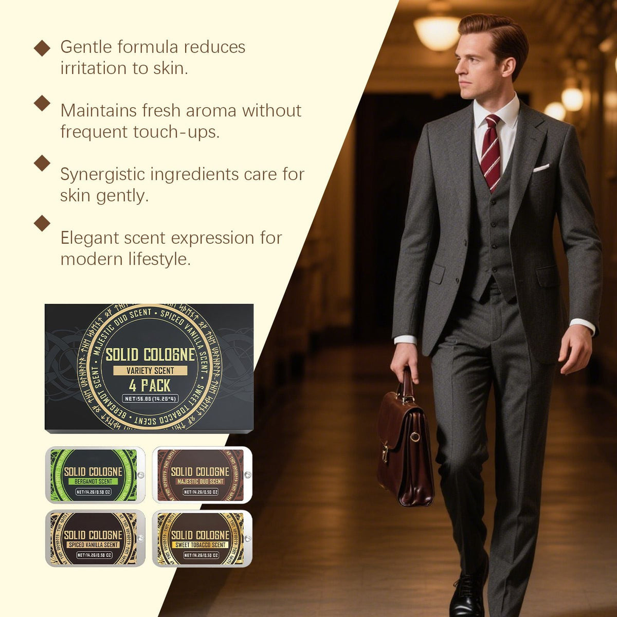 4x14.2g Mens Solid Cologne Set with Portable Fragrance