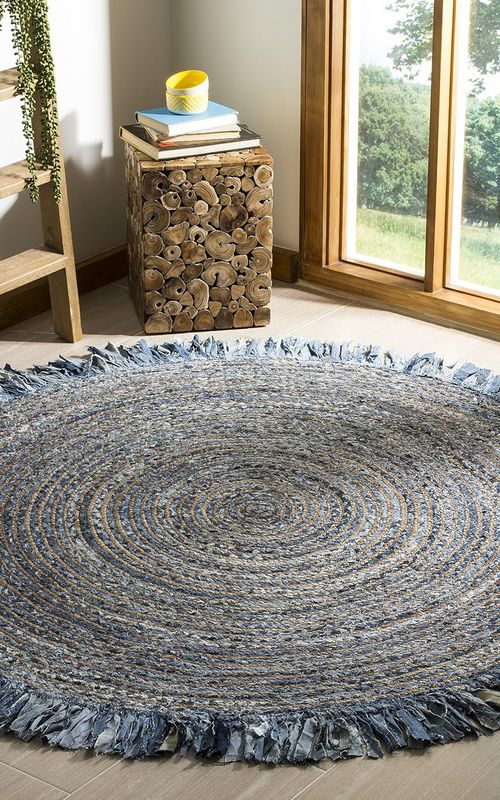 Handmade Denim Round Rug with Fringe | Recycled Cotton Boho Area Rug