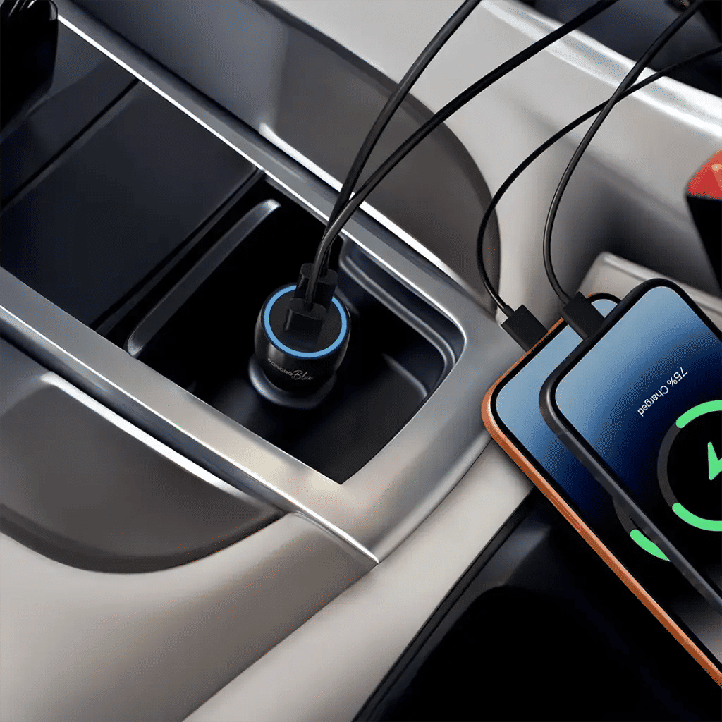 Porodo Blue Riva 60W Dual USB-C Car Charger with C to Lightning cable