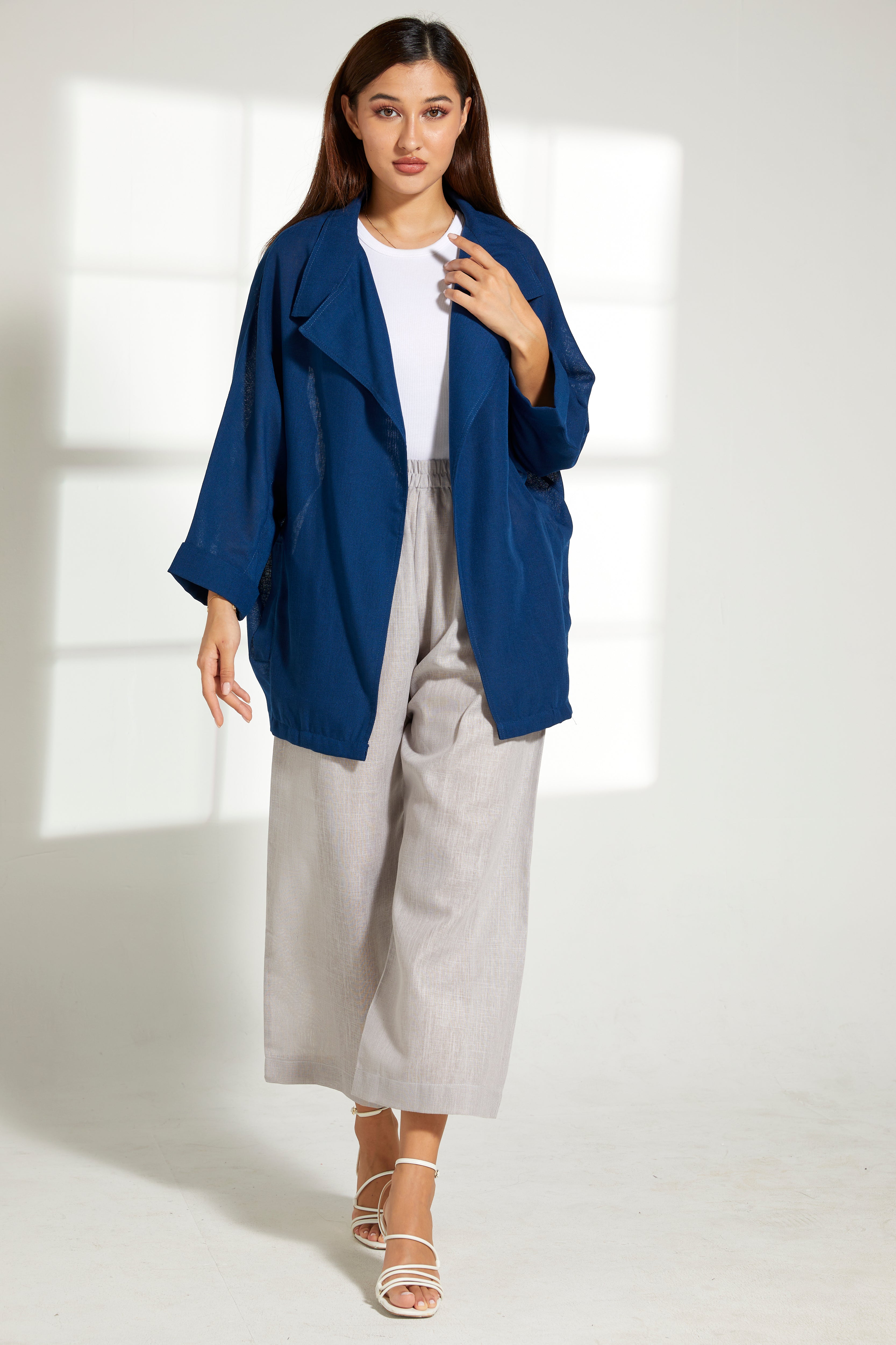 MOiSTREET Blue Linen Top and Grey Pants Set
