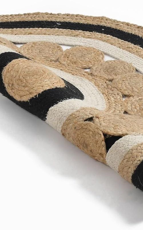 Round Jute Rug with Black & White Pattern | Handmade Designer Area Rug