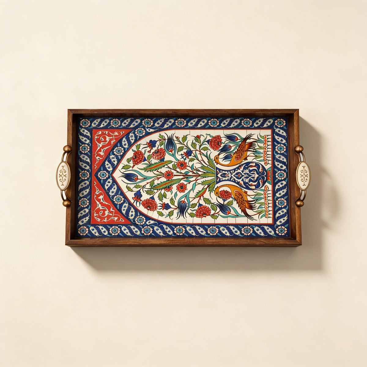 Handmade Wooden Serving Tray with Turkish Ceramic Tile Decor