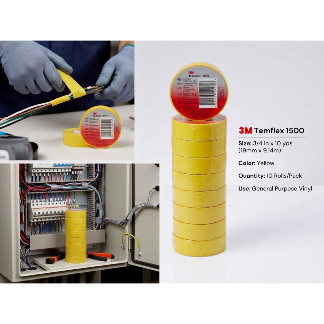 3M Temflex™ 1500 Vinyl Electrical Tape, 19 mm x 9.14 m x 0.13 mm, 10 Rolls Pack