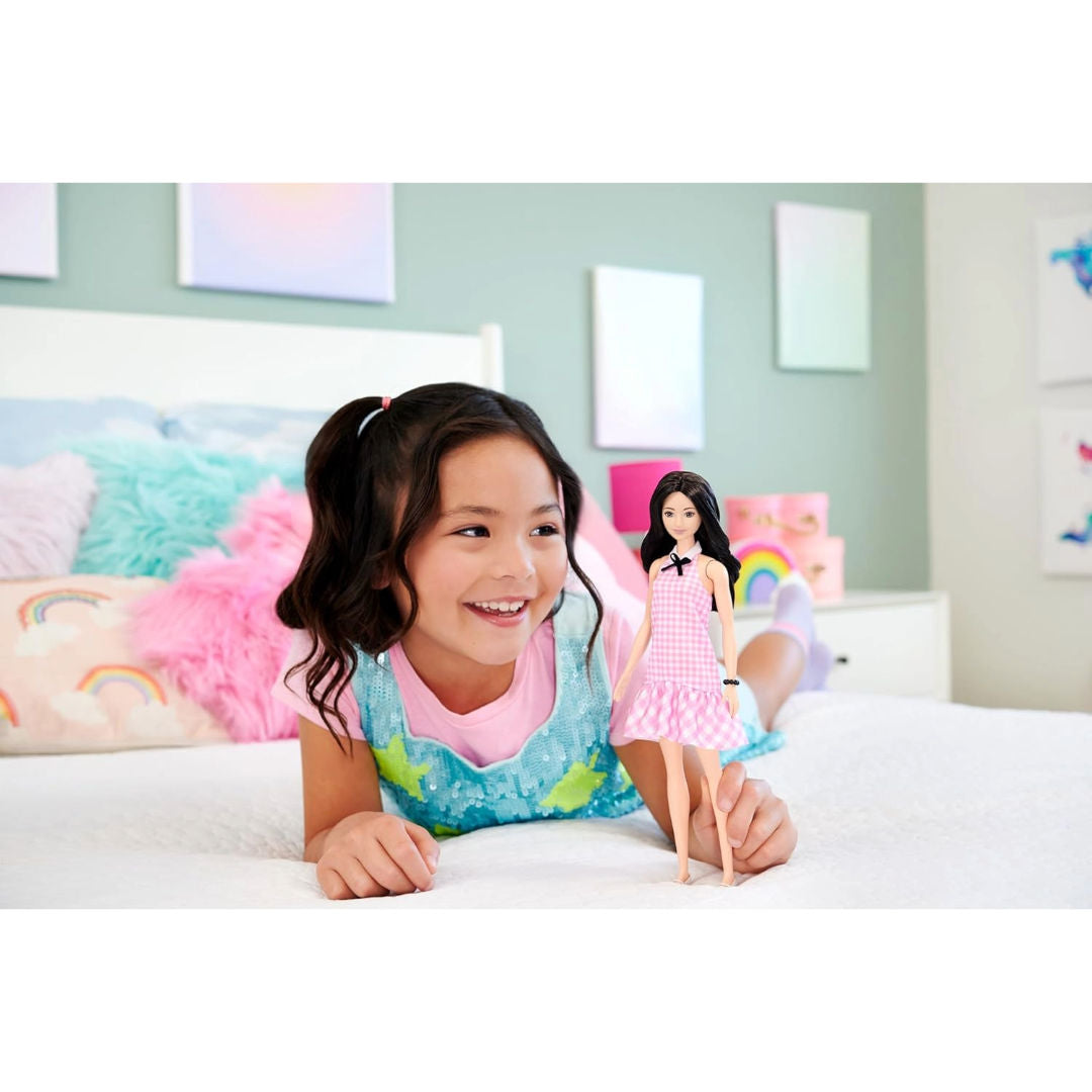 Barbie Fashionistas Doll #224, 65th Anniversary Collectible with Black Wavy Hair & Pink Gingham Dress
