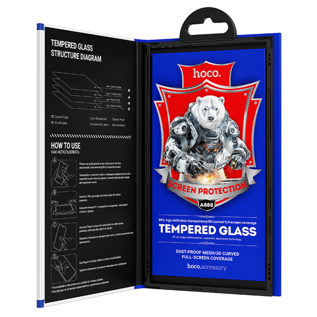 Hoco A888 Bear Shield Series Full Screen HD Tempered Glass for iPhone 18 Pro, iPhone 17 Pro, Full Screen Coverage, HD Visual