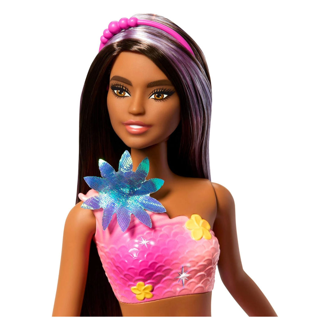 Barbie Mermaid Doll with Magical Blooming Flowers, Gradient Tail, Pearl Headband & Brown Hair with Purple Highlights, Model JDM73