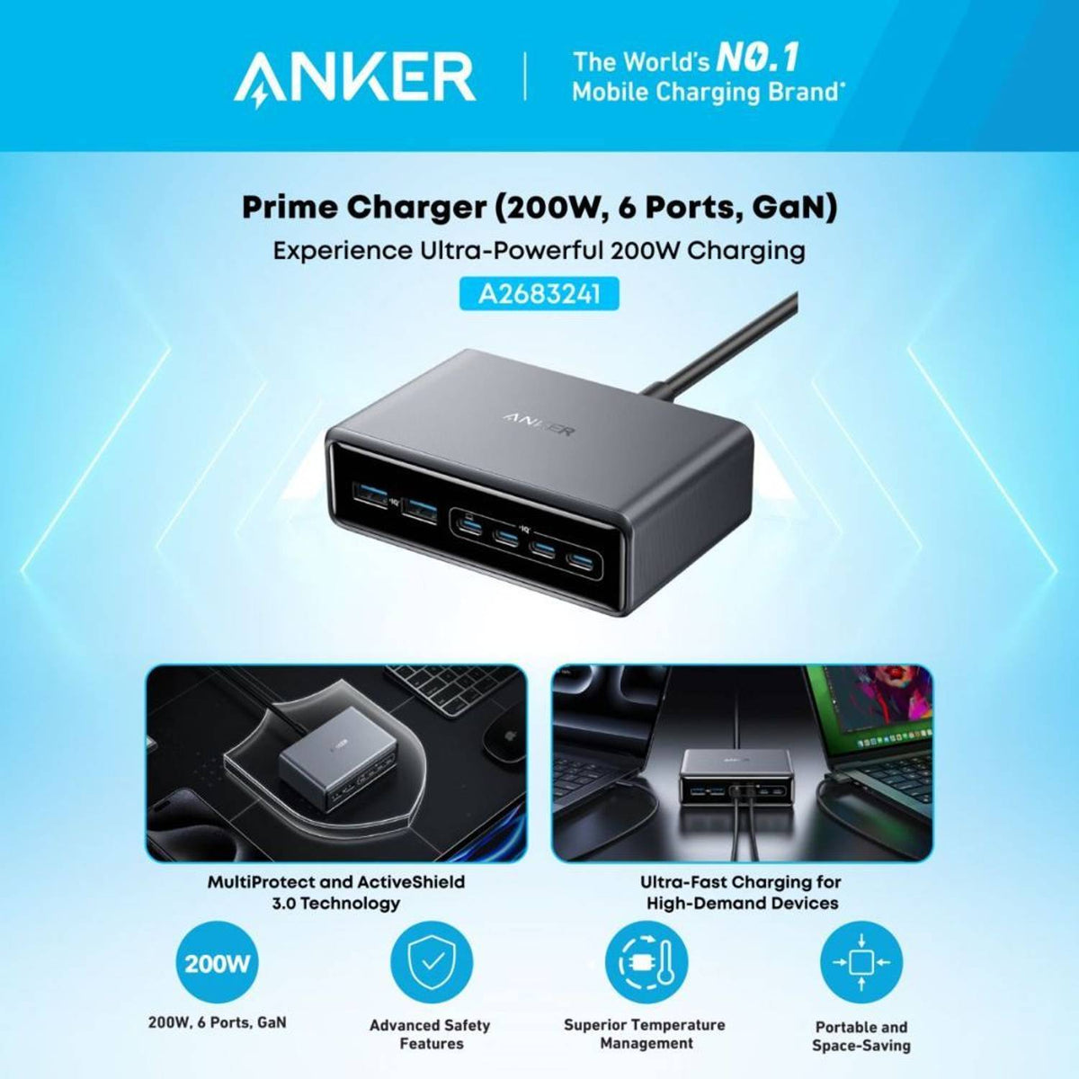Anker Prime 200W 6-Port GaN Charger, Black