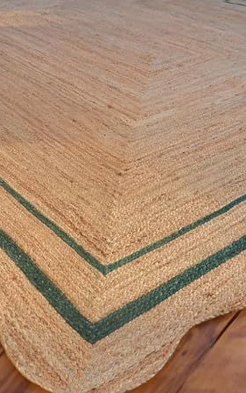 Scalloped Rectangle Jute Rug with Green Border Lines | Handmade Natural Area & Runner Carpet