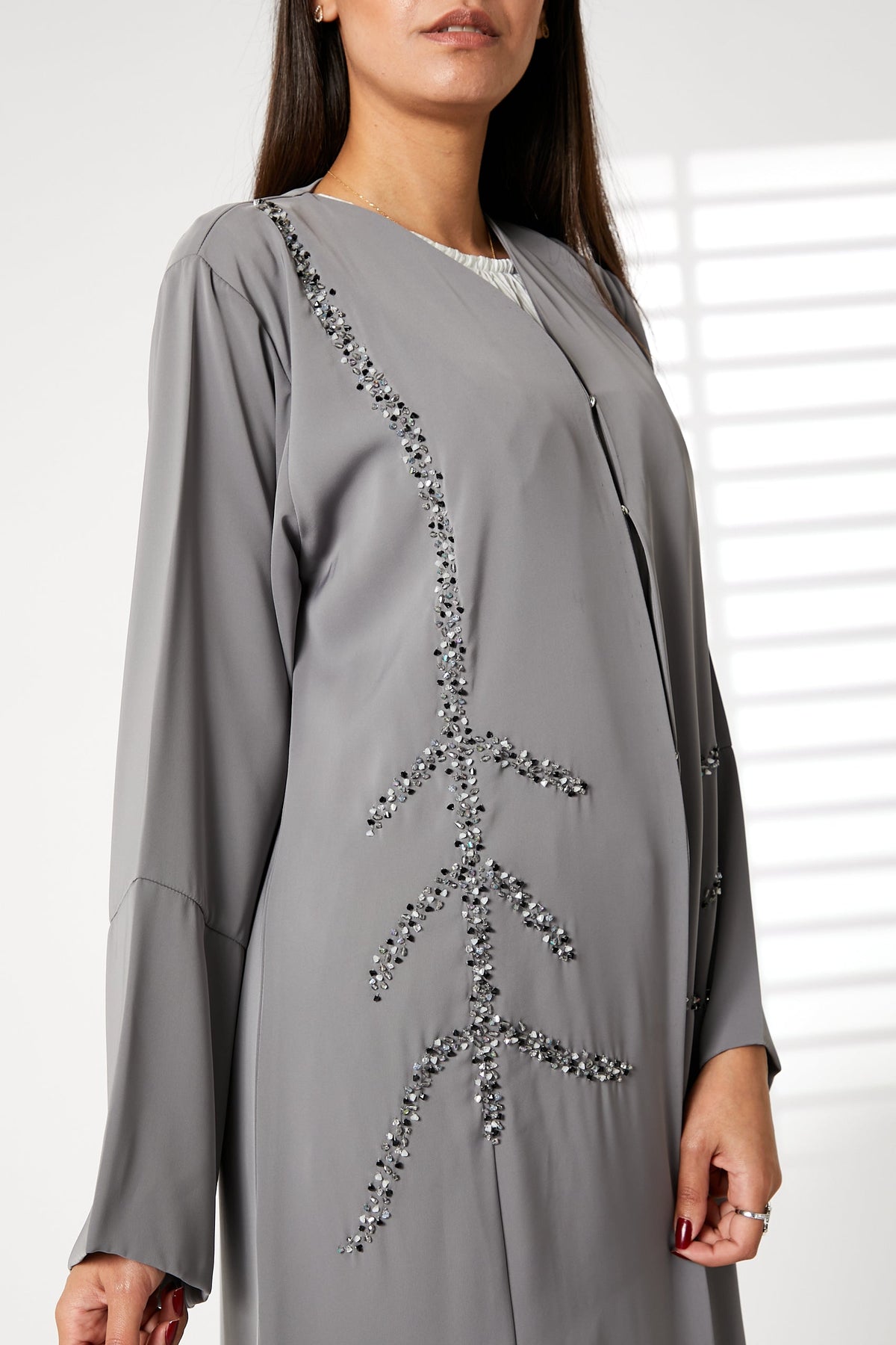MOiSTREET Grey Nida Open Front Embroidered Abaya