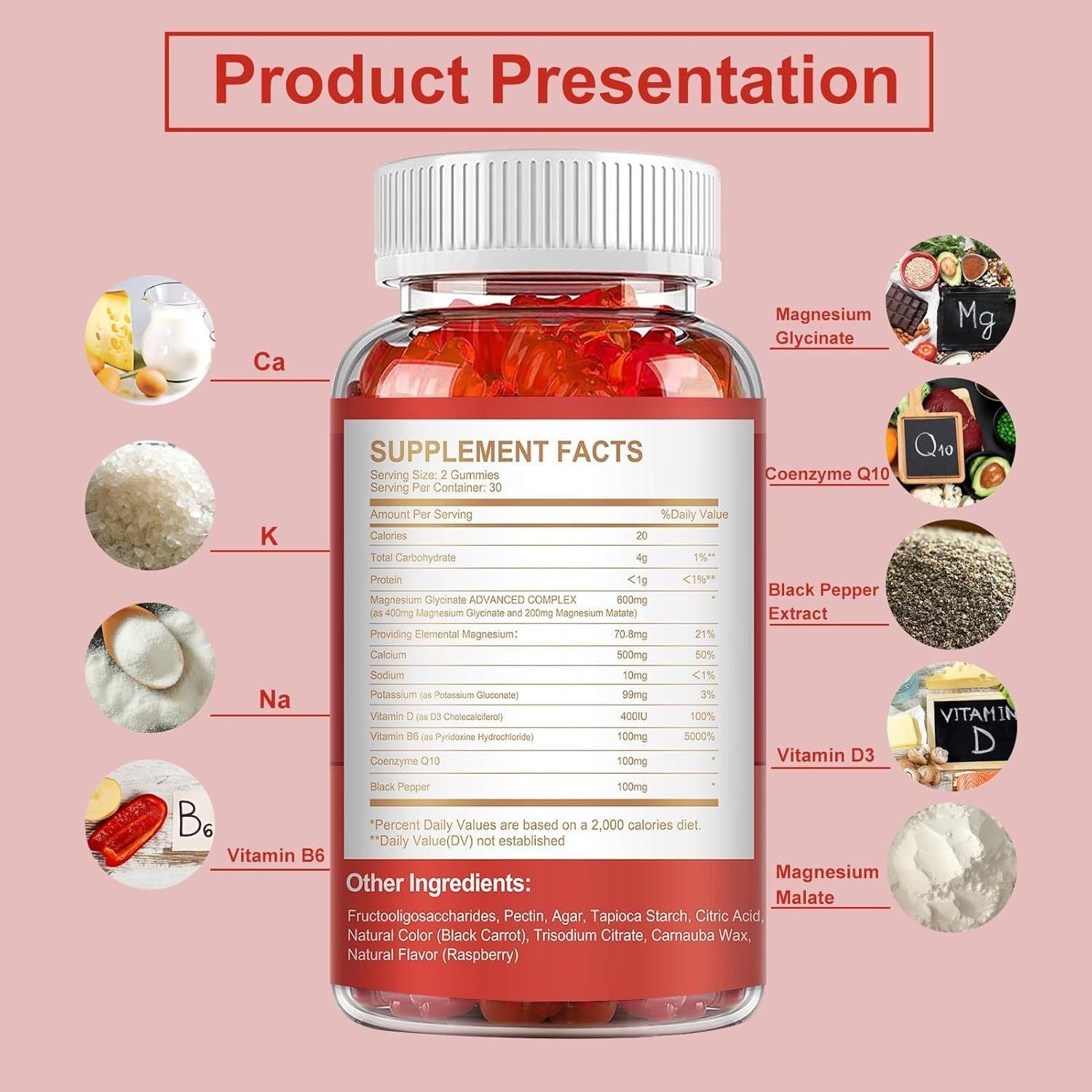 Sugar Free Magnesium Glycinate Calm Gummies, Raspberry Flavor Daily Mineral Dietary Supplement 60 Count