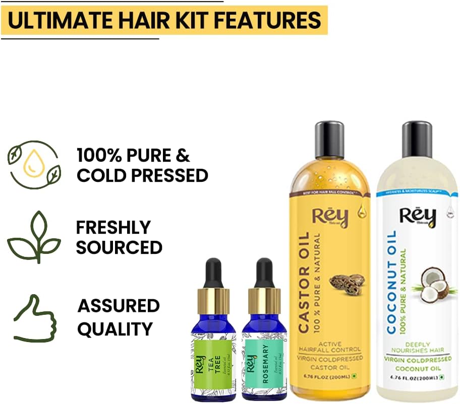 Rey Naturals hair oils combo/hair care kit (Castor oil + Coconut oil + Tea tree oil + Rosemary oil) controls hairfall