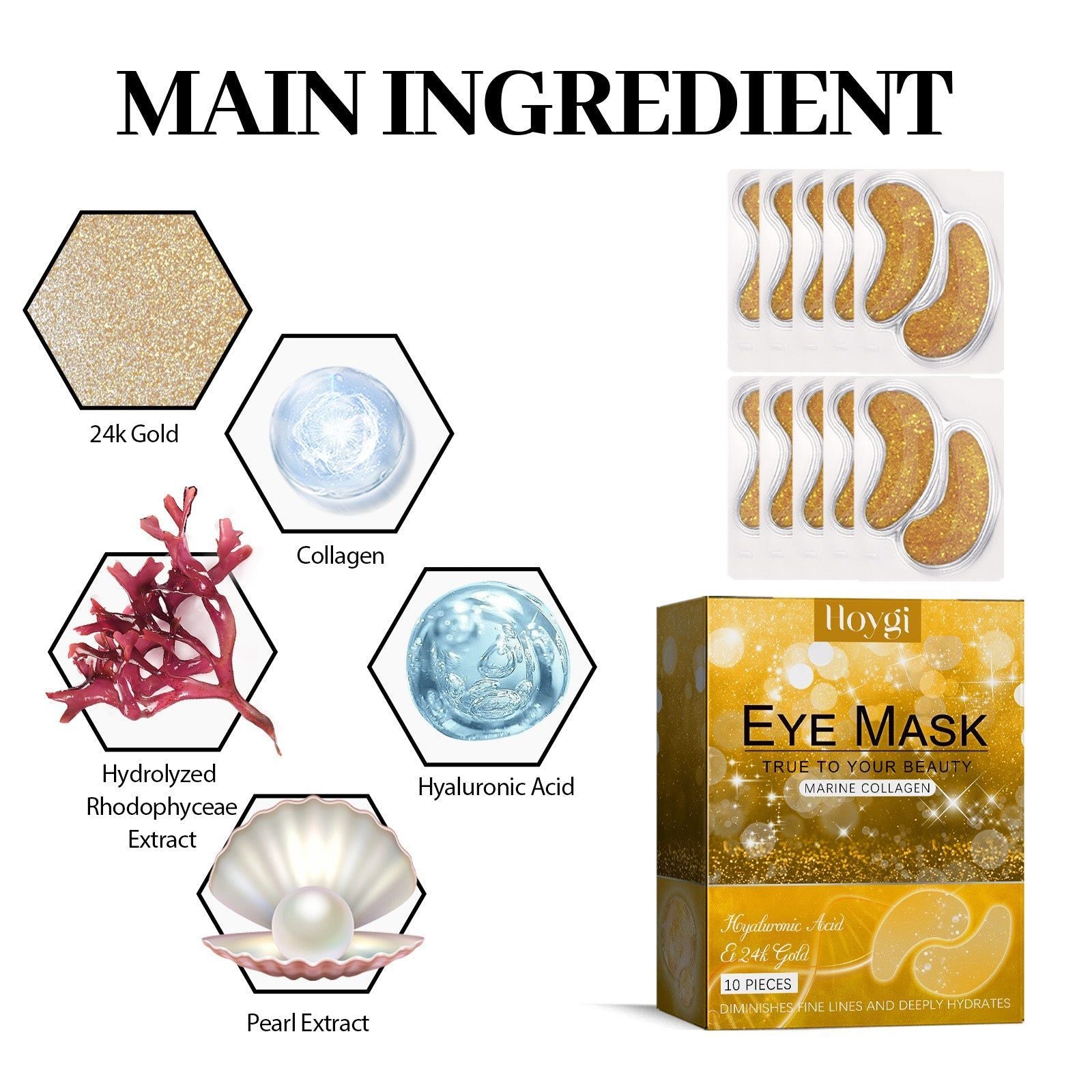 24K Gold Eye Patches, Fade Fine Lines, Dark Circles, Anti-Aging, Moisturizing ,10pcs