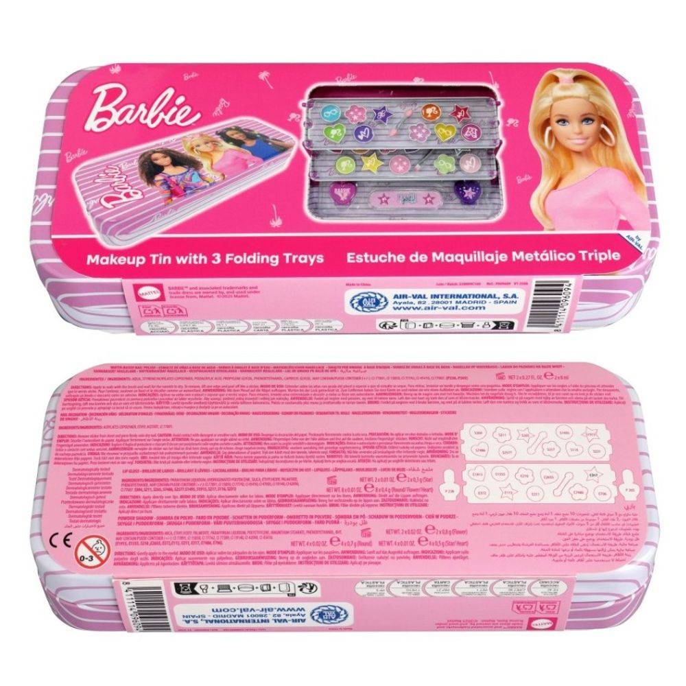 Air-Val Barbie Makeup Tin with 3 Folding Trays, Pink, 3+ years