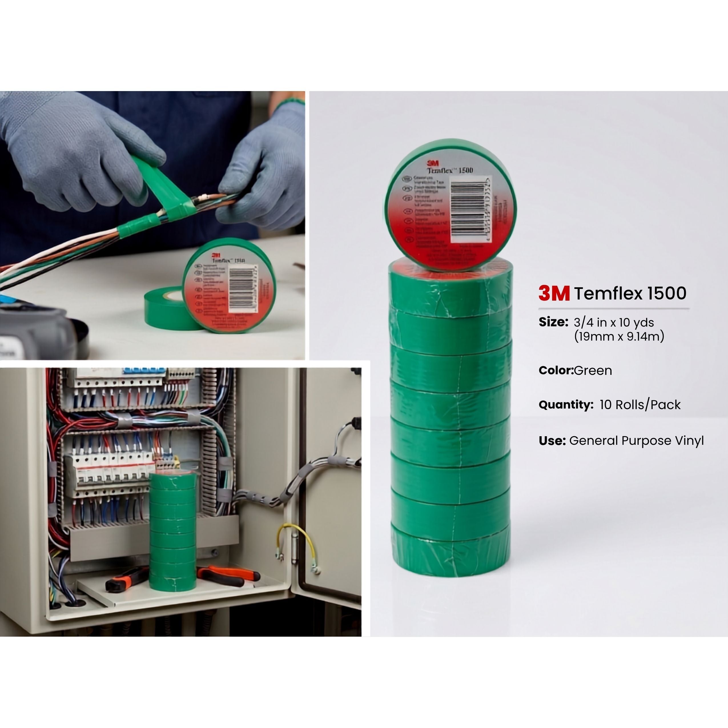 3M Temflex™ 1500 Vinyl Electrical Tape, 19 mm x 9.14 m x 0.13 mm, 10 Rolls Pack