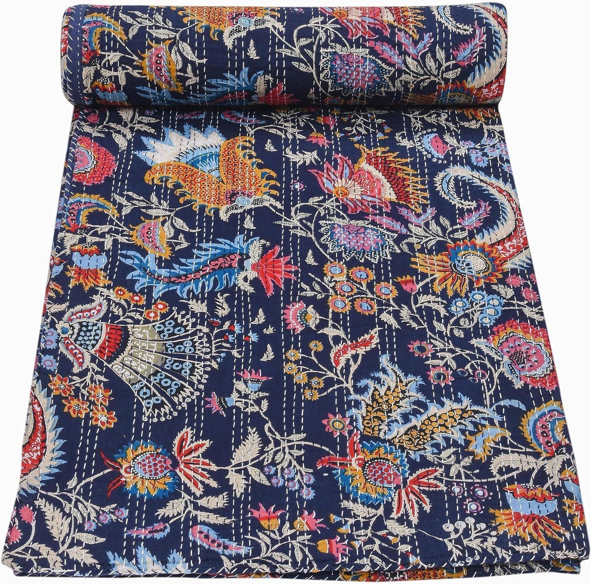 Handmade Kantha Quilt Blanket – Blue Floral Print | Reversible Pure Cotton Indian Vintage Throw