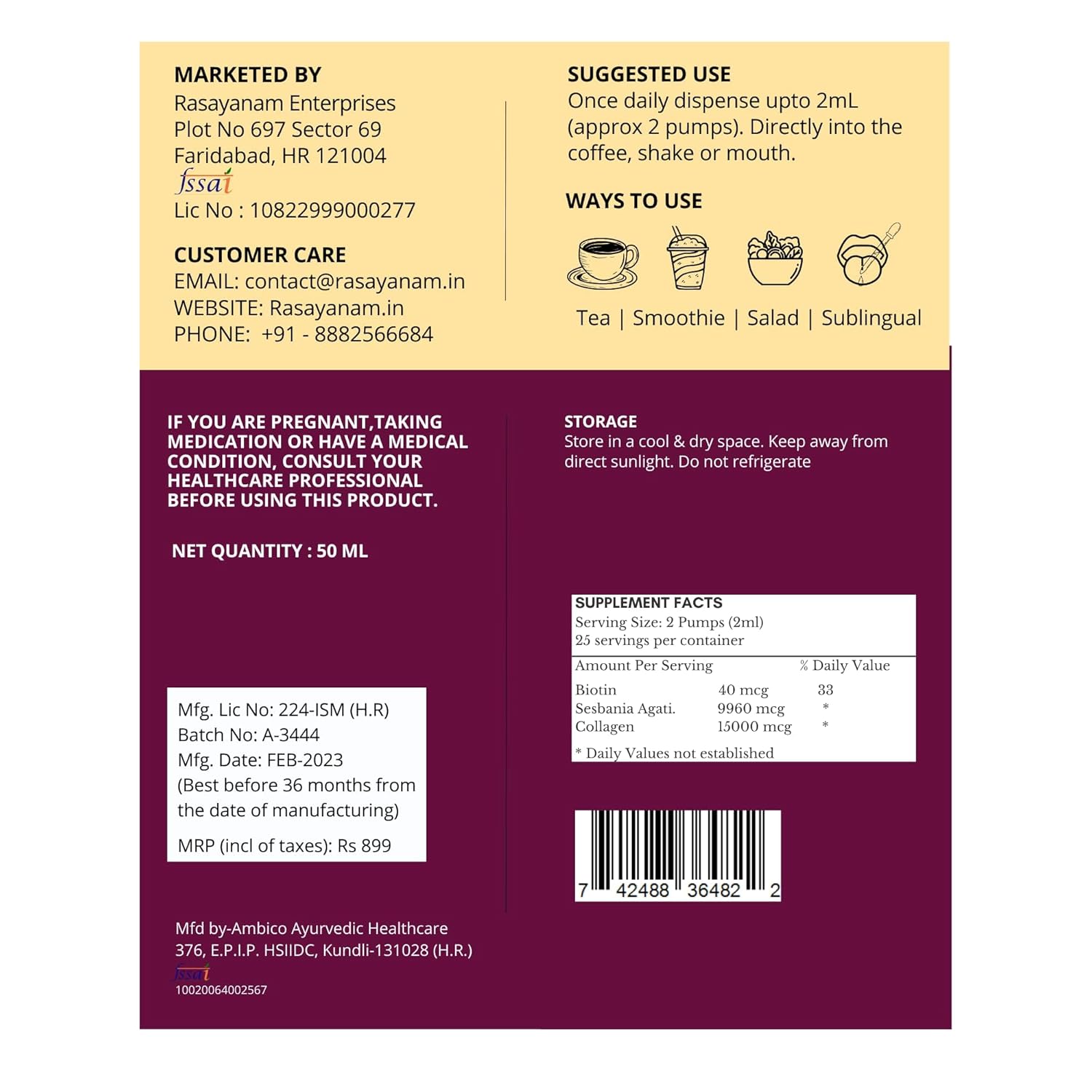 Rasayanam Liquid Biotin & Collagen Natural Berry Flavour 25000mcg 50ML