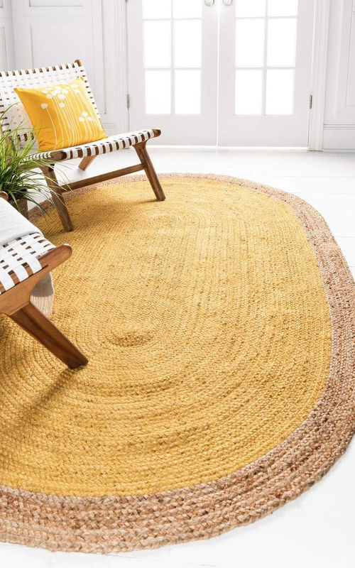 Handmade Round Yellow & Natural Jute Rug – Inner Yellow with Natural Border | Eco-Friendly Area Rug