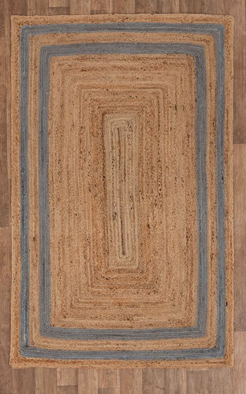 Rectangular Jute Rug with Grey Border | Handwoven Natural Area Carpet