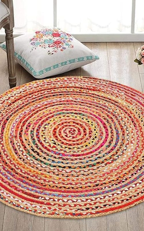 Handwoven Multicolor Round Natural Jute Area Rug – Eco Friendly Boho Floor Carpet for Living Room, Bedroom & Home Décor