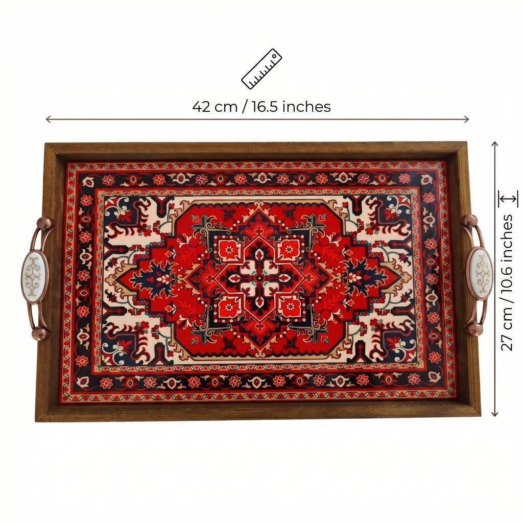 Persian Rug Style Wooden Serving Tray with Handles – Oriental Moroccan Pattern Coffee Table Decor, Boho Tea Serving Tray