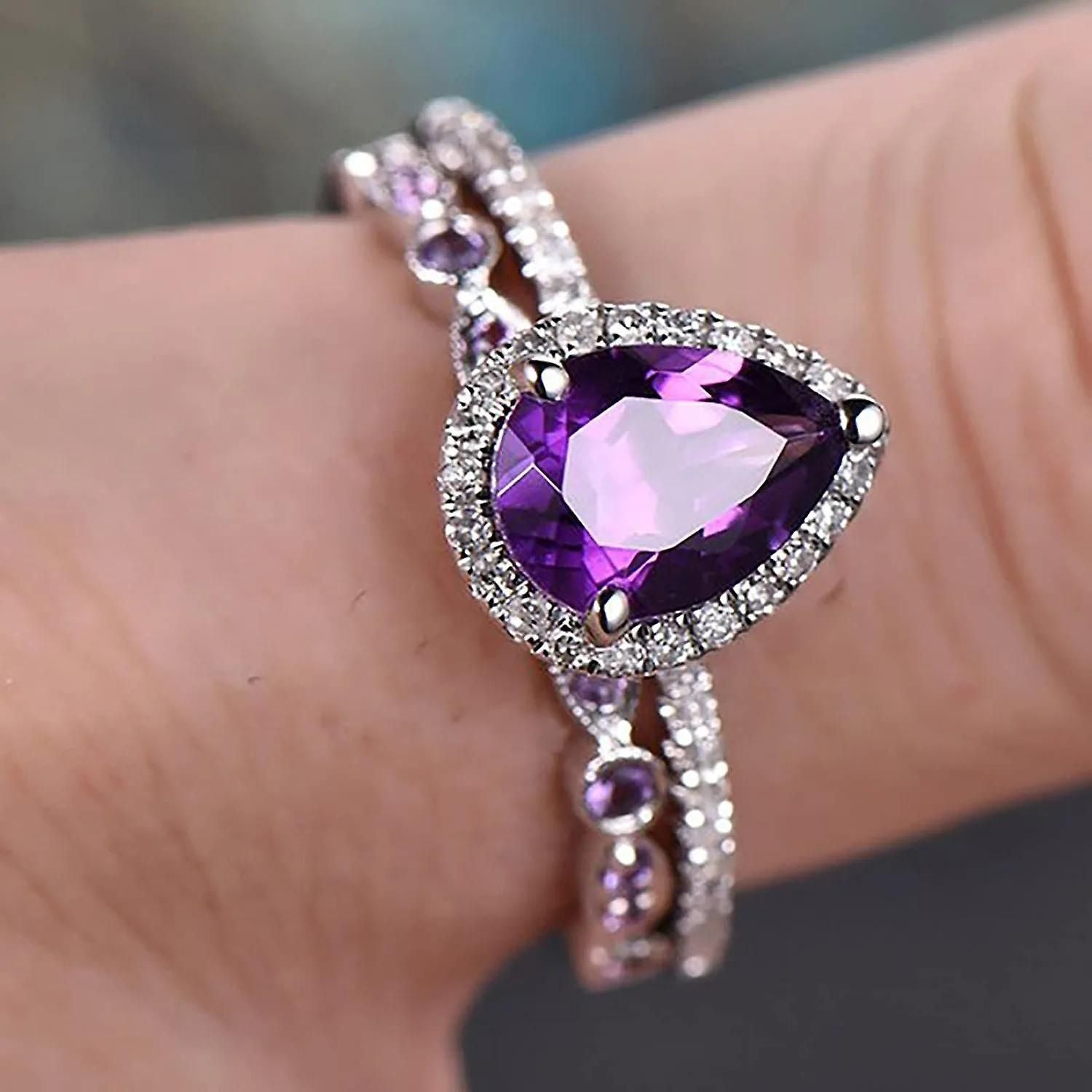 Women Shining Amethyst Ring, Tear Drop Shape Cubic Zirconia Promise Rings Set Teardrop Ring Engagement Wedding Band Ring Sets