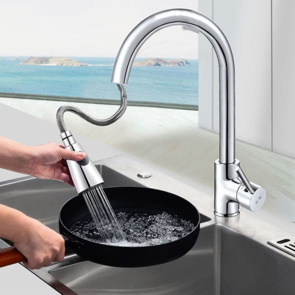 Kitchen Pull-out Faucet, Style:Copper Plating + Water Stop Copper Plating + Water Stop
