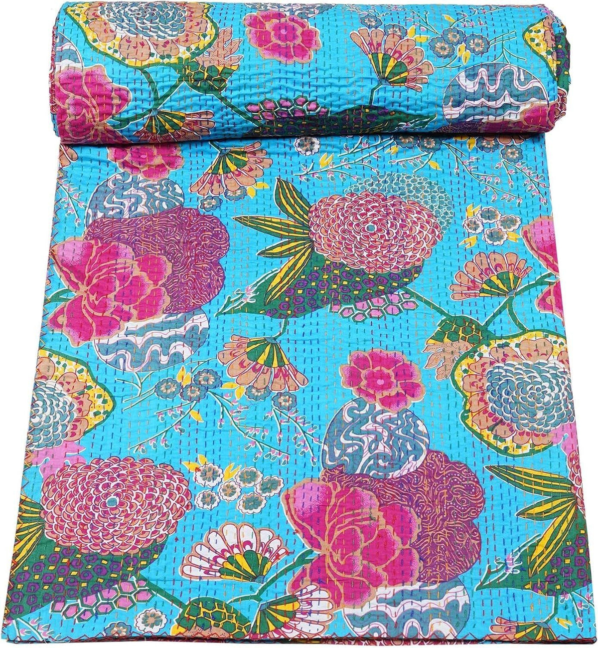 Turquoise Kantha Quilt – Handmade Floral Cotton Blanket | Boho Vintage Bedspread