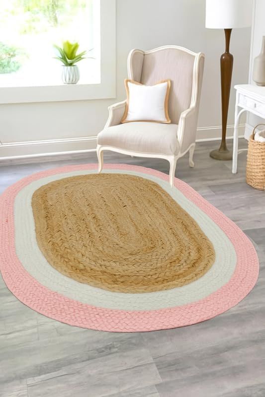 Pink & White Border Oval Jute Rug | Handmade Natural Fiber Area Rug for Living Room & Bedroom