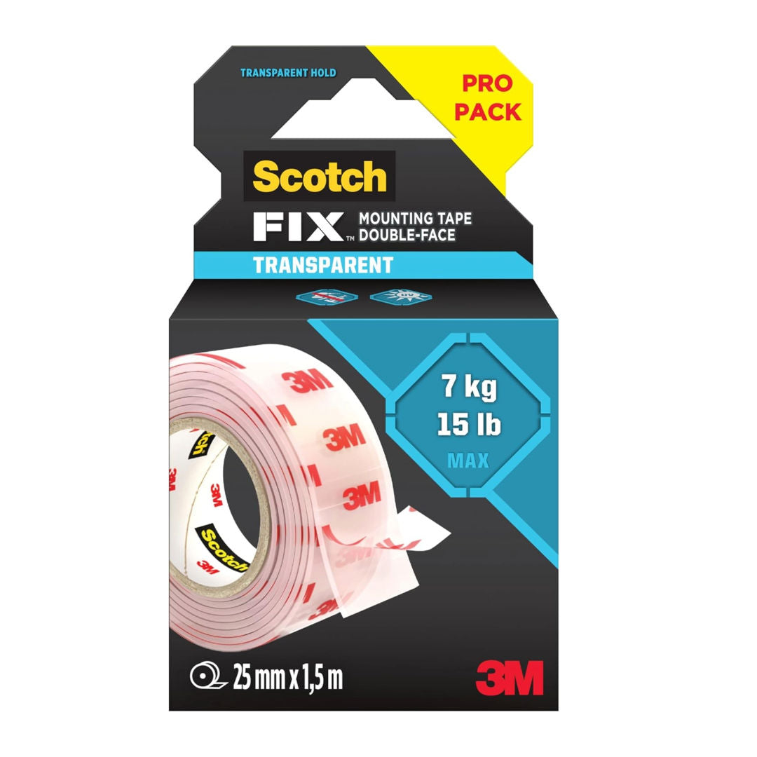 Scotch-FIX™ Transparent Double-Sided Mounting Tape 25mm x 1.5m Heavy Duty Clear Adhesive Tape