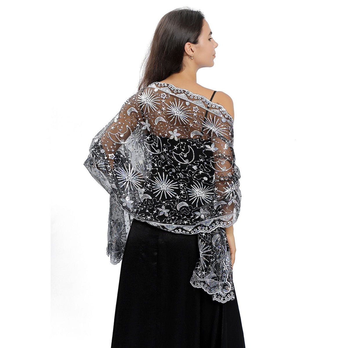 Luxury Star Moon Embroidered Shawl Wrap for Women Black Silver