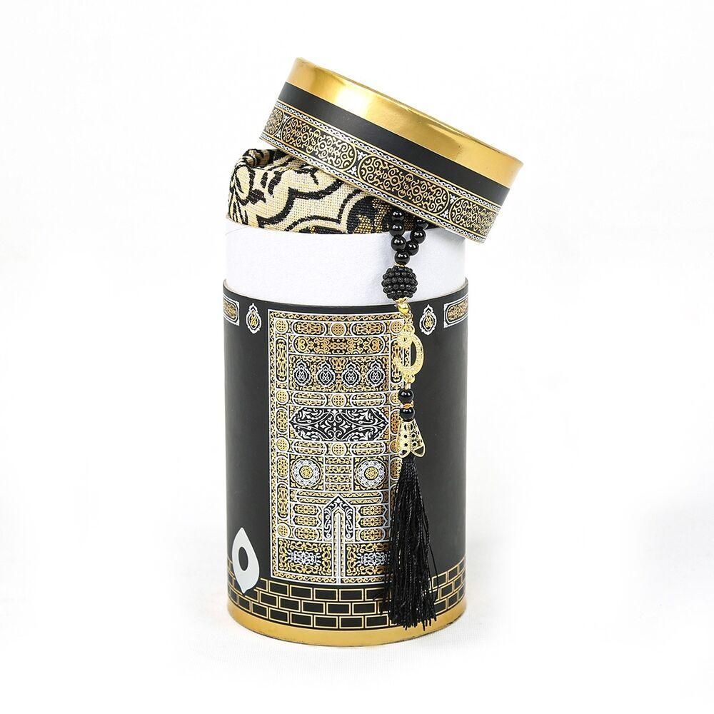 Muslim Prayer Rug And Beads With Elegant Design Cylinder Gift Box Set