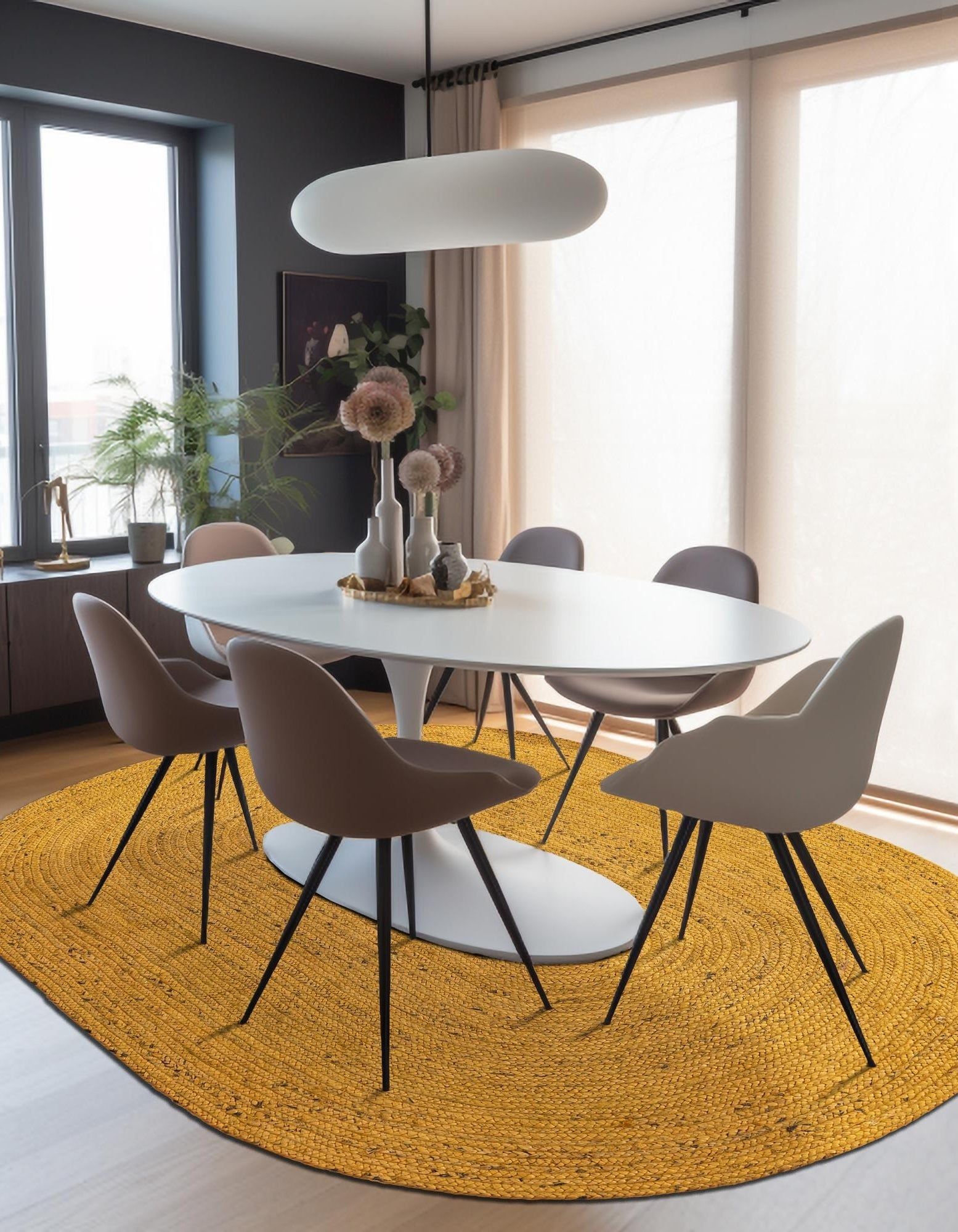 Sunshine Yellow Oval Jute Area Rug | Vibrant Hand-Woven Natural Fiber Floor Carpet Rug