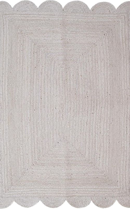White Rectangular Jute Rug Scalloped Edge Handwoven Carpet | Natural Boho Floor Rug
