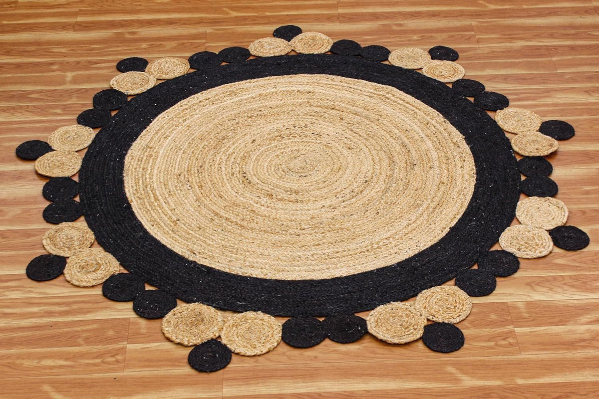 Designer Scalloped Border Jute Round Rug | Black & Natural Handwoven Area Carpet